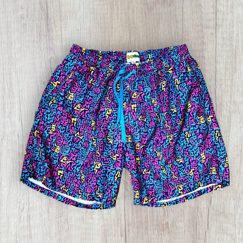 Tipsy Elves 80s Neon Geometric Swim Trunks Shorts Boys XXL Retro Drawstring